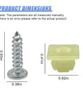 Top Shelf Car License Plate Screw Kit Featuring Hella Tough Self Tapping Bolts And Dependable Fasteners For Zero Hassle Front Rear Vehicle Mounting In Glossy Silver, dimensions of screw and base shown.