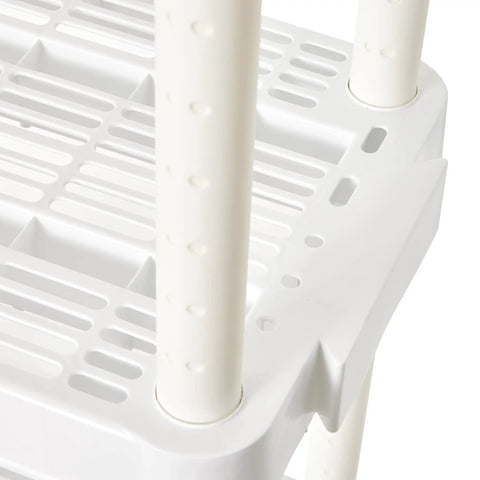 Close-up view of the white plastic shelves and posts of the Real Deal Slick Four Tier Adjustable Height Storage Rack For Home Garage Laundry Room And Kitchen Pantry Medium Duty Organizer System Connectible Design White Two Pack Bundle.