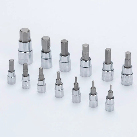 Solid As Rock 13 Piece Metric Hex Bit Socket Set Featuring Drop Forged S2 Steel And Chrome Drives With Rust Proof Coating, various sizes.