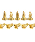 Top Shelf Brass Wood Screws M2x5mm 100 Pack Phillips Flat Head showing eight golden flat head screws for woodworking tasks.