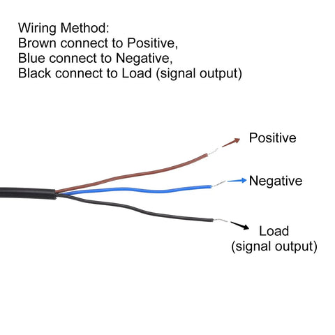 Wiring method for M8 Inductive Proximity Sensor Switch NC Normally Closed NPN Output, showing brown, blue, and black leads for connection.
