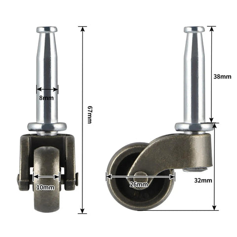 Smooth Roll Swivel Ball Casters With Socket Mount High Grade Zinc Alloy Furniture Wheels For Couches And Desk Chairs, measurements included.