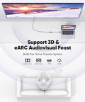 User seated on a couch connecting laptop to TV, showcasing HDMI support for 3D and eARC audiovisual tech.