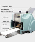 Electric Dumpling Wrapper Press Maker With 140W Motor And Stainless Steel Build showing detailed components and conveyor belt.