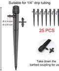 Drip Irrigation Emitters Set 25 Pcs With Adjustable Flow 0 To 20 GPH Drippers And Stakes for 1/4" tubing, shown with dimensions