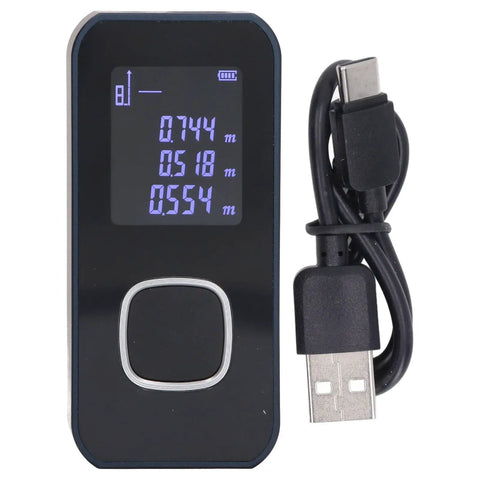 Handheld Laser Distance Meter With Aluminum Alloy Build, Dual Light Sensing Apertures, And Aspheric Focusing Mirror measuring dimensions with screen display and USB cable.