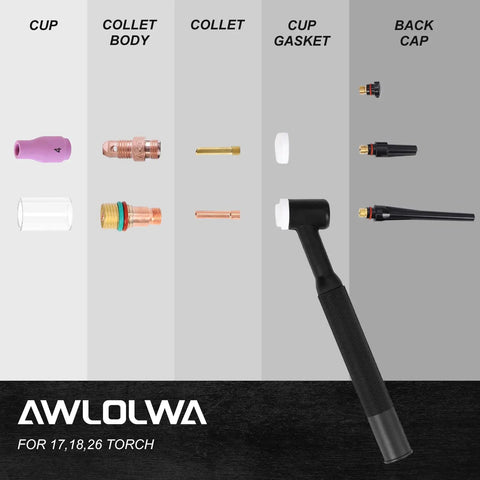 Components of 81 Piece TIG Welding Torch Accessories Kit for WP 17 WP 18 WP 26 shown against labeled parts background.