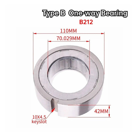 Rock Solid B212 One Way Cam Clutch Needle Roller Bearing With Keyway 70 Mm Axle 110 Mm Outer 42 Mm Thick image showing dimensions.
