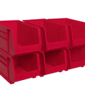 Heavy Duty Stackable Plastic Storage Bins For Garage Pantry And Craft Rooms Space Saving Organizer That Can Hold Up To 60 Pounds Measures 18 By 11 By 10 Inches Red 6 Pack, image showing stacked bins