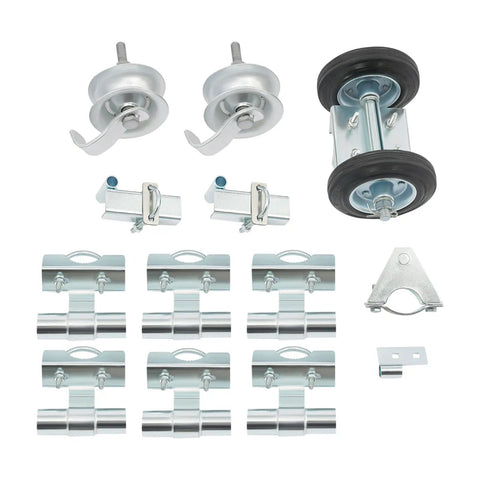 Built Like A Tank Sliding Door Roller Set featuring galvanized steel wheels, damped carriers, and various track hardware components.