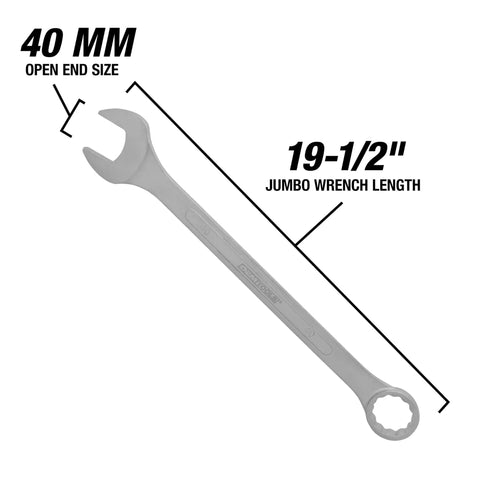 40mm Jumbo Metric Combination Wrench Set With Chrome Plated Finish Beefy Jaws For Auto And Mechanic Jobs displayed with measurements