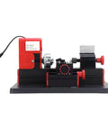 Aolidsive Mini Motorized Lathe Machine With High Speed Steel Turning Tool 20k Rpm For Wood Plastic And Soft Metals Compact 20Mm X 135Mm Lathe side view of lathe with red and black design