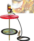 Rock Solid Heavy Duty Pneumatic Grease Pump For 55 Gallon Drums with red top and 16 ft hose for industrial use.