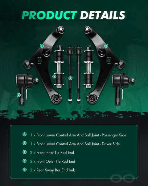 8 Piece Complete Front End Repair Kit With Lower Control Arms Ball Joints Tie Rod Ends And Rear Sway Bar Links For Mitsubishi Lancer Plug And Play Smooth Ride components displayed on a dark background.