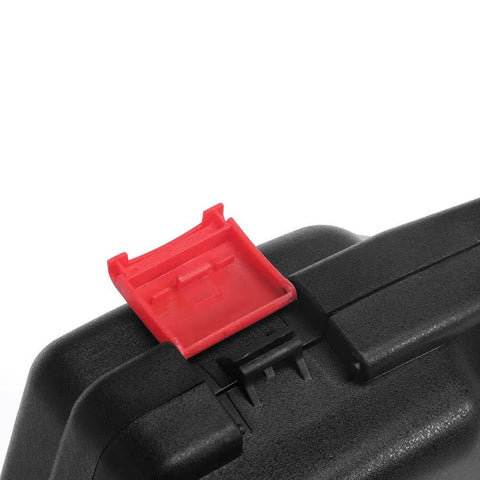 Close-up of the locking mechanism on Hardcore 12 Inch Hard Shell Case With Pluck Foam Custom Insert For Pistol Gopro Camera And Tools.