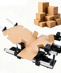 No Sweat Adjustable Box Folding Tool For Shipping Cartons And Gift Crates Super Quick One Hand Cardboard Assembler With Slide Grip Rail, showing tool with cardboard in use.