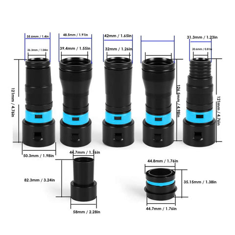 7 Pc Vacuum Hose Expansion Adapters With Quick Connectors For Home Workshop Dust Collection System. Connectors sized 35.6mm to 82.3mm.