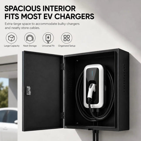 Built Different Wall Mounted EV Charger Protection Box with Lock Outdoor Weather Resistant Drip Proof Canopy Shields EVSE Against Rain Snow and Dust Ventilated Storage for Secure Home Garage or Driveway Use with charger inside.