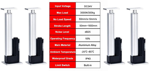 Straight Up Heavy Duty 3000N Load Four Piece Linear Actuators With Hall Controller For 24V DC Power showing specifications and design.