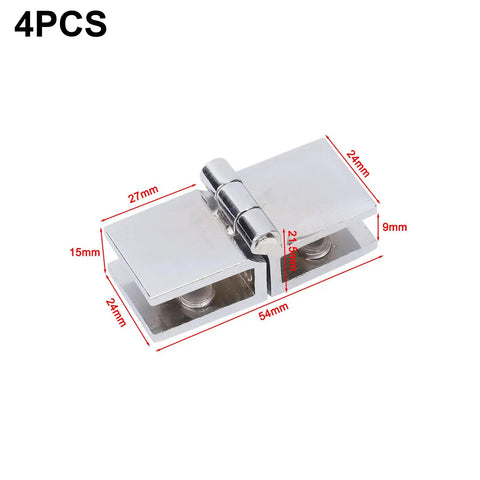 Rock Solid Four Piece Shower Glass Door Hinges With 180 Degree Double Sided Clamp Fit 5mm To 8mm Glass close-up showing dimensions.
