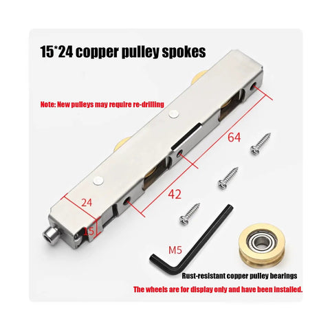 Heavy Duty Aluminum Window Pulley With Double Copper Wheels And Precision Bearings For Smooth Gliding Sliding Systems close-up view with dimensions and rust-resistant copper bearings.