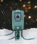 Straight Up Hassle Free Outdoor Power Stake With Photocell Timer And Dusk To Dawn Sensor For Three Grounded Outlets Six Foot Cord waterproof plug with timer in snow.