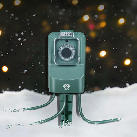 Straight Up Hassle Free Outdoor Power Stake With Photocell Timer And Dusk To Dawn Sensor For Three Grounded Outlets Six Foot Cord waterproof plug with timer in snow.