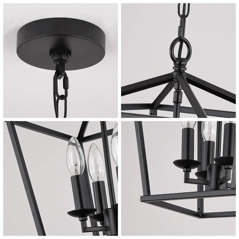 Close-up of Go-To Industrial Black Four-Light Pendant With Candle-Style Cage Chandelier highlighting chain and socket details.