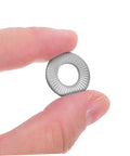 Person holding an M6 Conical Knurled Spring Washer, 304 stainless steel, designed to secure nuts against shakeouts.