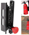 Universal Quick Release Roll Bar Fire Extinguisher Mount Bracket with red button, for offroad vehicles, durable black alloy.