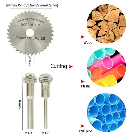 32 Piece Mini Rotary Tool Cutting Set Includes HSS Saw Blades Resin Cut Off Wheels And Diamond Metal Discs For Powering Through Woodworks And Metal Mods With Pro Precision And Rock Solid Durability, featuring a metal cutting blade and various materials.