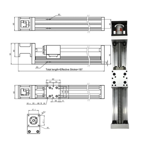 Diagram of Sixty Millimeter Width X Y Z Axis Linear Actuator Electric Ball Screw Stage, detailing dimensions and design features.