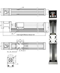 Detailed dimensions of the Rock Solid 60mm Wide X Y Z Axis Linear Actuator Featuring Nema23 Servo Motor Ball Screw Drive.