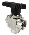 Heavy Duty Three Way Ball Valve With Female Thread Fittings For Smooth Flow Control Knockout Space Saving Design Plus Easy Setup For Plumbing Jobs Featuring G3/8 G1/2 G3/4 Standard Connections And A Real Deal Build That Lasts, stainless steel body, black handle, compact design.
