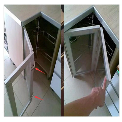 Knockout DTC 135 Degree Corner Cabinet Hinge Replacement For Bifold Doors showing installation in a corner cabinet with open doors.