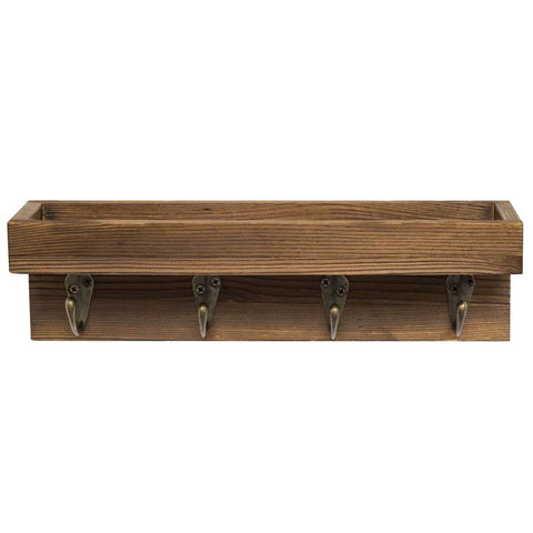 Super Sleek 10 Inch Brown Wood Wall Mount Floating Shelf With Four Antique Metal Key Hooks Straight Up perfect entryway organizer with rustic design.