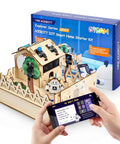 IoT Smart Home Hands-On Coding Kit For Arduino Fans with 3D wooden puzzles and voice app control, shown with smartphone interface