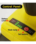 Control panel of Badass Brushless Electric Rivet Nut Gun shows battery level, mode lamp, and set buttons.