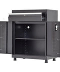Premium Black Steel Storage Cabinet With Locking Top Drawer And Adjustable Shelf Real Deal For Garage Tools And Workshop Gear, open view showing interior shelves.