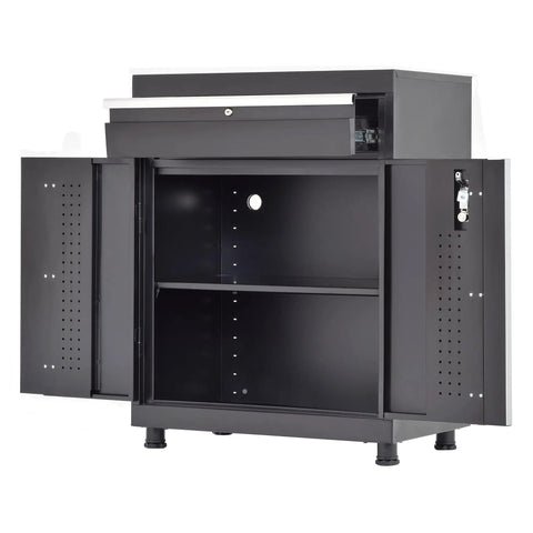 Premium Black Steel Storage Cabinet With Locking Top Drawer And Adjustable Shelf Real Deal For Garage Tools And Workshop Gear, open view showing interior shelves.