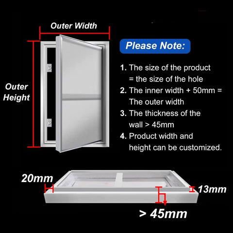 Slick Concealed Tile Wall Access Panel With Magnetic Push Button Door, showing dimensions and frame details, adjustable 20mm to 45mm thick.