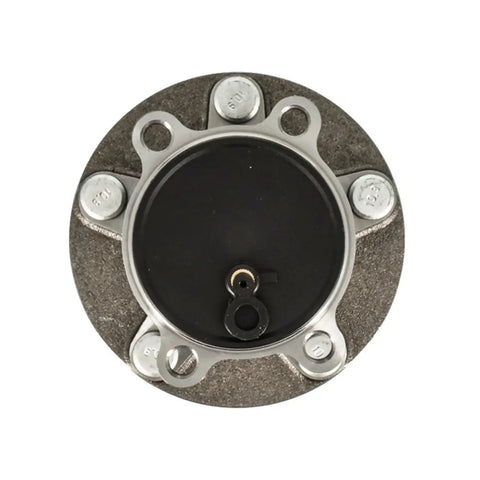 Straight Swap Rear Hub Bearing Assembly For 14 To 18 Mazda3 Sport With Sealed Units And Five Lug Bolt Pattern Without Abs Sensor, top view with metal lugs.