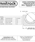 Rock Solid Medium Duty Ball Transfer Unit Featuring Half Inch Chrome Steel Roller design diagram with specifications and load capacity.