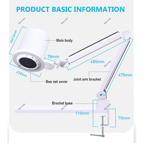 Diagram of 80W Pro Grade Nail Dust Collector With Adjustable Suction And Built In Lighting, showing dimensions and components.