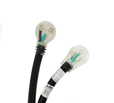 Close-up of Heavy Duty 25ft 8 AWG Welding Cable with lighted receptacle and STW jacket, oil resistant, 40A 250V for tools and lighting.