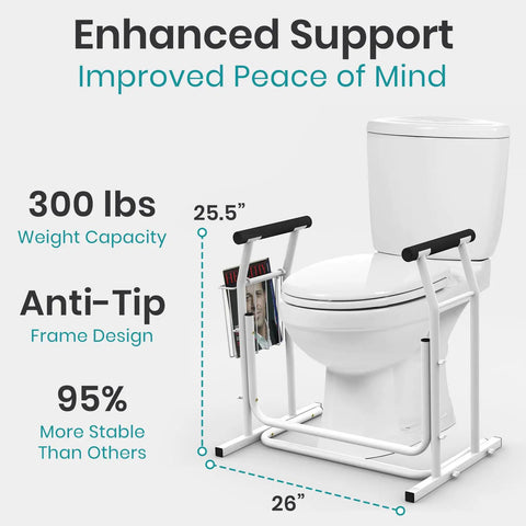 Heavy Duty Toilet Safety Rail With Arms providing top shelf bathroom support, 300 lbs weight capacity, anti-tip design.