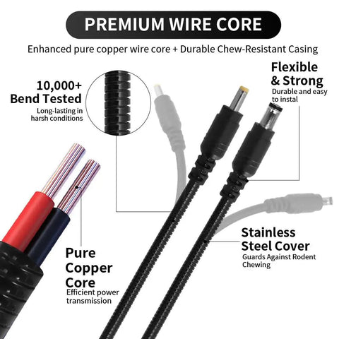 Chewproof Solar Power Cord For Trail Cameras 39 Inch Hella Rugged DC Adapter, showcasing pure copper wire core and chew-resistant casing.