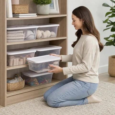Woman organizing Clear Plastic Storage Bins With White Snap On Lids Set Of Ten Six Quart Capacity securely in a shelf.