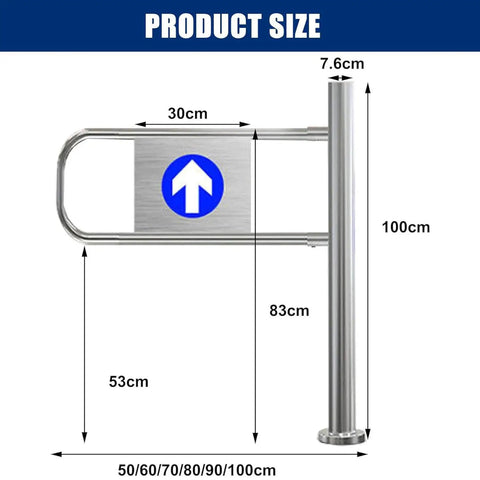 Workhorse Spring Loaded Swing Gate One Way Safety Door With Directional Arrow Self Closing Metal Barrier For Warehouse Shop Security Crowd Control Tailgating 70X100Cm size diagram with dimensions shown.