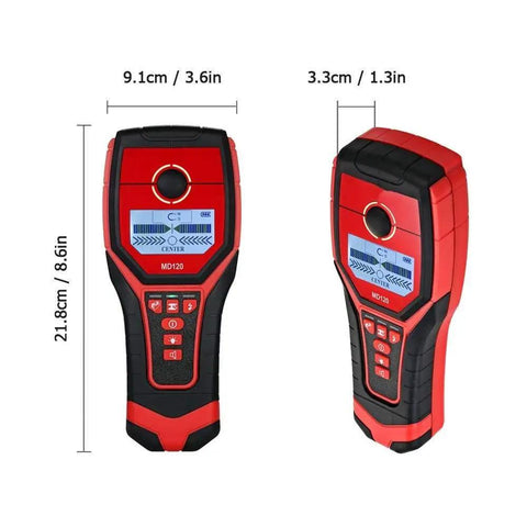Heavy Duty 4 In 1 Electronic Stud Finder And Wall Scanner with display showing detection features and dimensions.